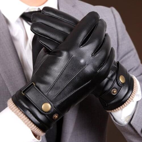 PU Leather Gloves Male Autumn Winter Plus Velvet Thicken Keep Warm Driving Windproof Synthetic Leather Man Gloves PM008PC