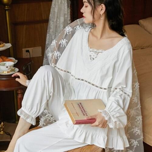 2Pcs/Set Long Sleeve Nursing Nightwear Maternity Pajamas Set Pregnancy Clothing Sleepwear Breastfeeding Nightgown Pyjama Lace