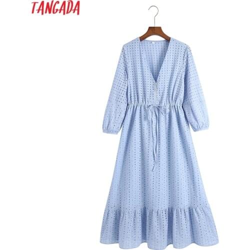 Tangada Women Embroidery Romantic Blue Cotton Dress for Summer Three Quarter Sleeve Strethy Waist Females Sundress 6Z84