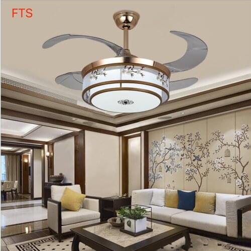 Retro golden plum fan light living room bedroom dining room ceiling fan lamp inverter led stealth fan chandelier