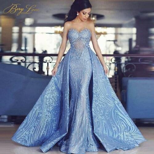 Luxury Blue Mermaid 2 in 1 Evening Dress 2019 Long Sleeves Evening Gown Appliques Lace High-end Formal Dress robe de soiree