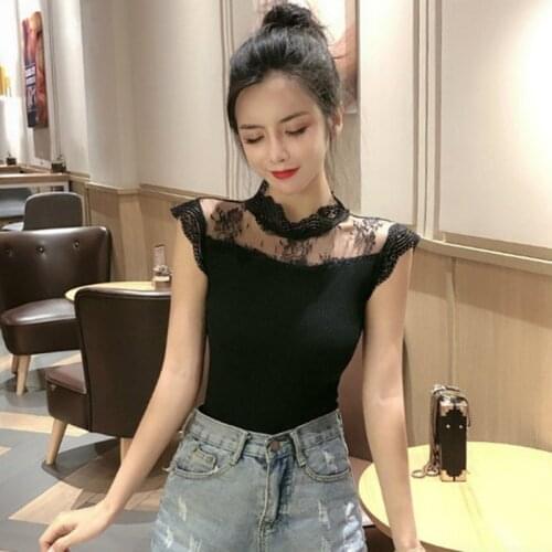 Mesh Lace Patchwork Knitted Tank Top Summer Women Sexy Black Vest Elegant Lady Sleeveless Tanks