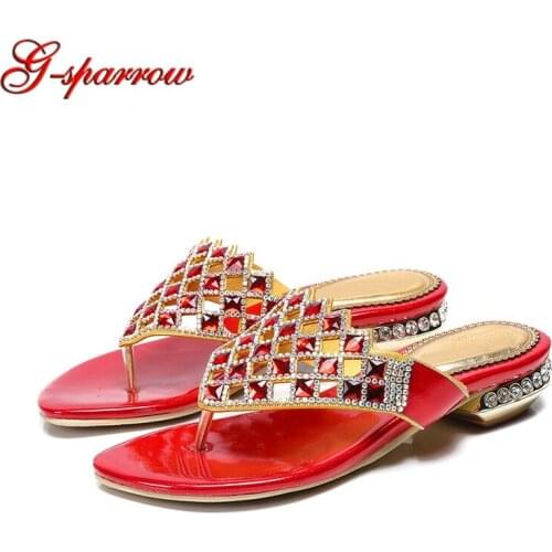 Flip Flops Rhinestone Summer Dress Shoes beach slides 1 Inches Low heen Event Party Shoes Red Silver Gold Crystal Evening Shoes