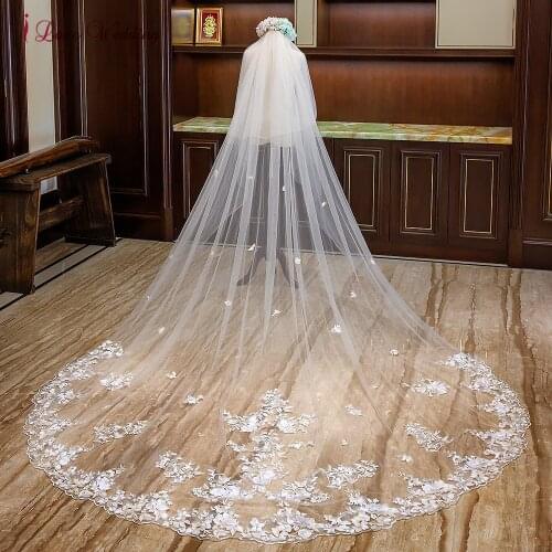 Bridal Veil Long Lace Appliqued-Edge 4 Meters Ivory Cathedral Wedding Veil with Champagne 3D Flowers