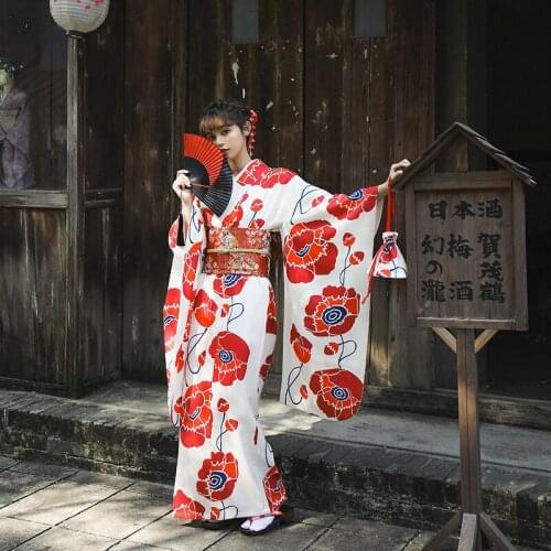 Estilo tradicional das mulheres quimono vermelho flor imprime manga longa yukata cosplay vestido de palco desempenho wear