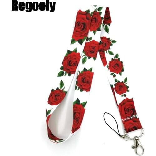 Rose flowers Neck Strap Lanyard keychain Mobile Phone Strap ID Badge Holder Rope Key Chain Keyrings cosplay Accessories Gifts