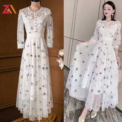 ZALady Summer Mesh Long Dresses For Women 2021 Elegant Embroided Lace Up Party Evening White Maxi Dress Vestidos de fiesta robe
