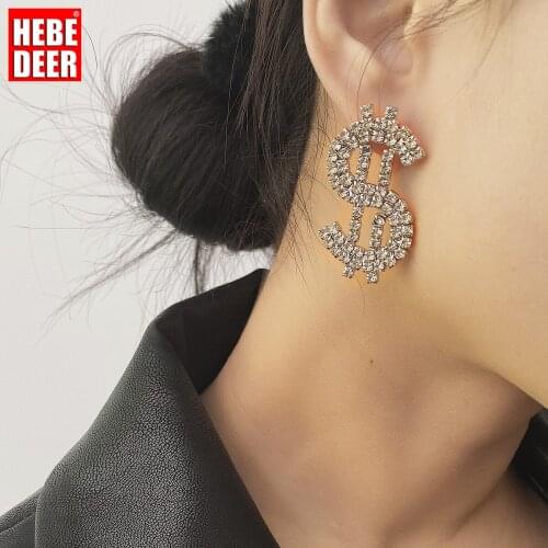 HebeDeer Punk Hoop Earrings Women Piercing Dollar Icon Shape Shiny Zircon Fashion Charm Hanging Statement Earrings Jewelry Arete