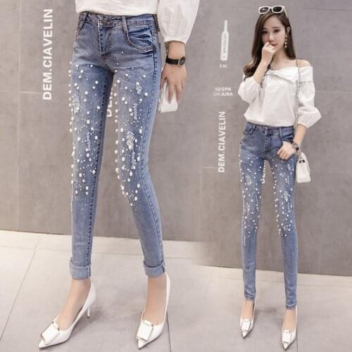 Pearl Beaded Jeans Casual Women Stretch Skinny Jeans Spring New Elastic Denim Zipper Pants Female Sexy Slim Long Trousers Jeans