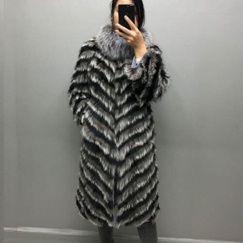 Women Genuine Silver Fox Fur Coat Winter Warm Wool Knitted Lining Natural Silver Fox Red Fox Striped Coat Raglan Sleeve New 2021
