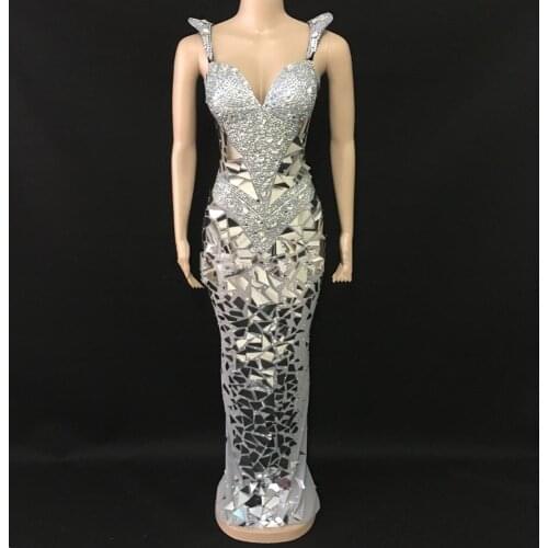 Super Sparkly Sequins Mirrors Dress Women Birthday Rhinestones Costume Prom Celebrate Grey Bling Dresses Evening Outfit