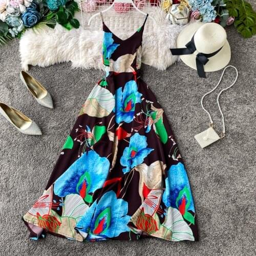 Boho 2021 v neck floral print Maxi long Dress summer spaghetti strap Party backless chiffon casual Women beach elegant Dress