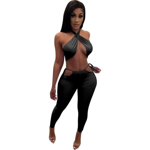 Zoctuo Solid Sexy Two Piece Sets Summer Sleeveless WomenS Set Outfits Halter Tops Hollow Out Trousers Set Club Party Tracksuit