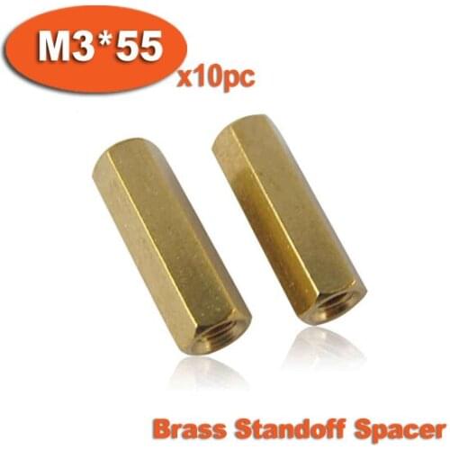 10pcs M3 x 55mm Brass Hexagon Hex Female Thread Standoff Spacer Pillars