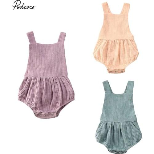 2020 0-24M Infant Baby Boy Girl Clothes Bodysuit Sleeveless Solid Backless Jumpsuit Sunsuit Overalls Cotton Linen Baby Outfit