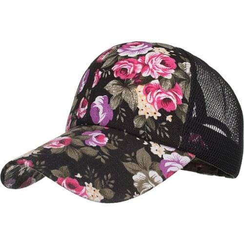 Printed Flower Trucker Cap Mesh Back Eyelet Net Baseball Caps Summer Women Hats Black Beige Red Blue