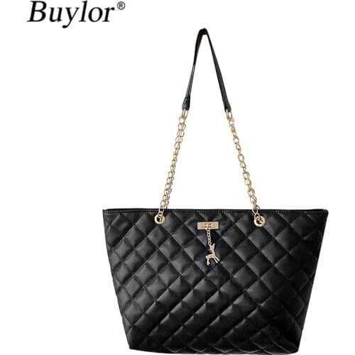 Buylo Large Capacity PU Leather Handbag for Women Luxury Shoulder Bag Purse Pocket Female Tote Bag Chain Bag
