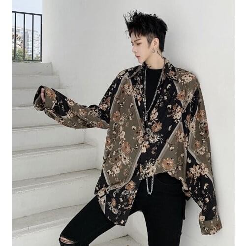 Four Seasons Mens Casual Shirt Chiffon Floral Print Vintage Top Long Sleeve Fashion Wear E11