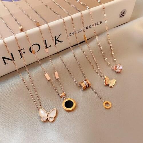 Titanium Stainless Steel Necklace Shell Butterfly Roman Numeral Geometric Crystal Pendant Necklace Women Choker Collares Jewelry