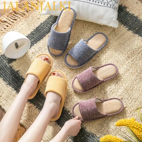 JALANJALKI Winter Women Linen Slippers Warm Cotton Thick Sole Men Home Shoes Flexible Non-Slip Sole Bedroom Platform Femal Slide