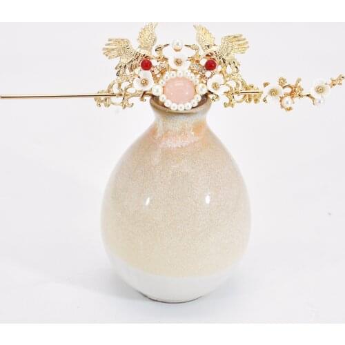 Classic Hanfu Chinese Red Stone Birds Hair Tiaras Handmade Hairpin Hair Sticks Clip Crown Accessories Headwear Head Decoration