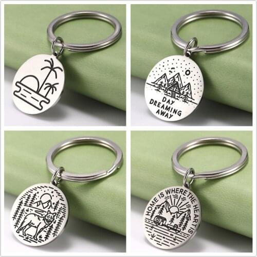 Teamer Coconut Tree Mountain Dog Keychain Key Finder Journey Adventure Scenery Stainless Steel Keyring Holder Pendant for to Bag