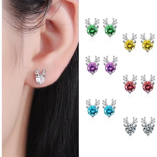 Girls' Minimal Cute Deer Antlers Stud Earrings Colorful Zirconia Small Cartilage Piercing Earring Accessories Jewelry Best Gifts
