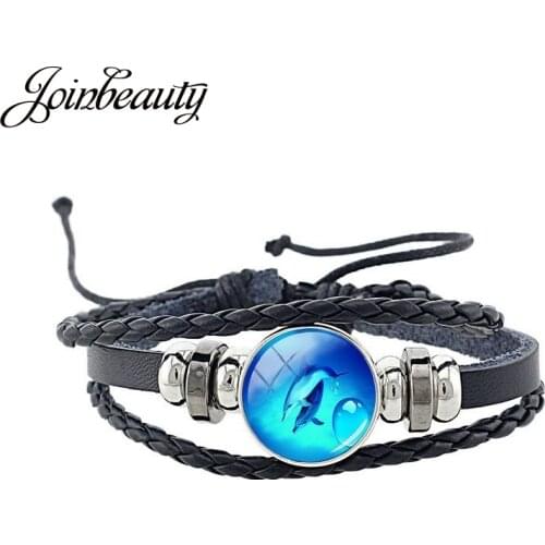 JOINBEAUTY Fashion Design Glass Dome Dolphin Multilayer Wrap Weave Bracelet Round Shape Lovely Bracelets Jewelry Charms J478