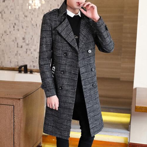 Winter New Mens Woollen Windbreaker Double Breasted Long Jacket Abrigo Largo Hombre British Plaid Mens Wool Trench Coat