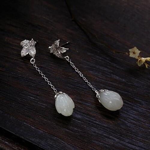 Original design natural Hetian jade magnolia long earrings Chinese style retro elegant light luxury charm womens silver jewelry