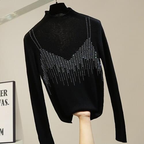 Heavy Shiny Hot Drilling Solid Color Long Sleeve Half Turtleneck Slim Sweater Womens Fashion Simple Elegant Basic Knit Top