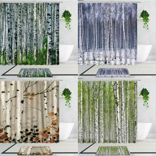 Birch Tree Forest Branch Leaves Shower Curtains Jungle Art Background Bathroom Curtain Set Non-Slip Bath Mats Gray Green Brown