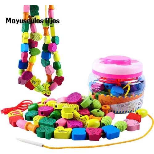 ZH 1Set / 60PCS Wooden Barrel DIY Beads Childrens Building Blocks Shape Color Cognitive Educational Toys
