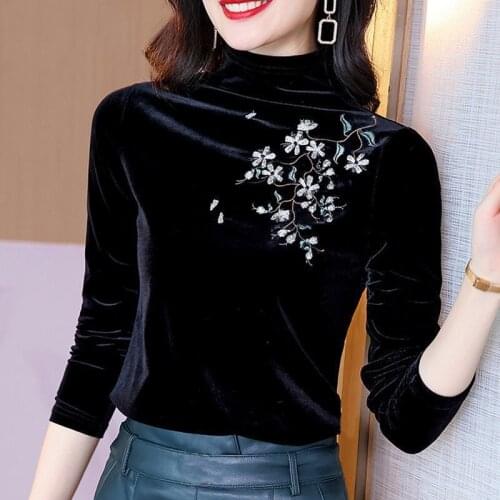 2020 Fall Winter Woman Clothes Turtleneck Embroidery Velvet Top T Shirt , 3xl Thick Fleece Warm Tshirts Tops for Women