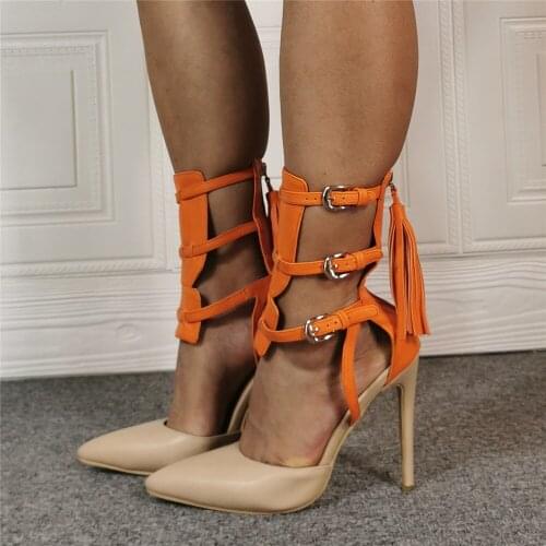 2020 summer woman orange tassel high top sandal high heel pointed toe tassel sandal woman real photos plus size custom make