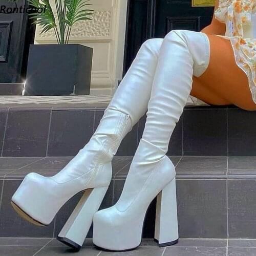 Ronticool Handmade Women Winter Over The Knee Stretch Boots Chunky Heels Round Toe Beautiful White Party Shoes Us Size 5-15