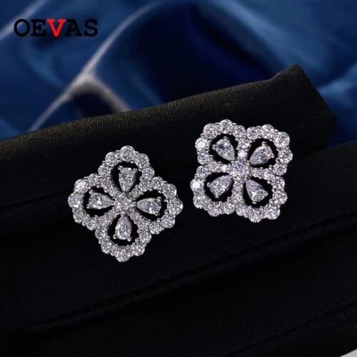 OEVAS 100% 925 Sterling Sparkling Full High Carbon Diamond Hollow Out Four Leaf Clover Stud Earrings For Women Fine Jewelry Gift