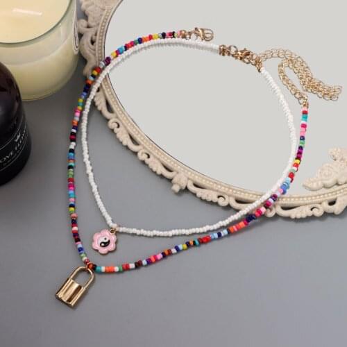 Multilayer Colorful Beaded Metal Lock Pendant Necklace For Women Yin Yang Flower Fashion Long Chain Necklaces Party Jewelry Gift
