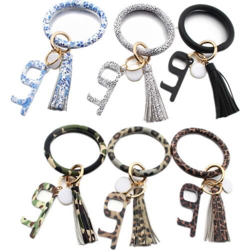 ZWPON Acrylic Door Ppener Wristlet Keychain for Women PU Leather O Keyring Tassel Circle Key Chain Large Round Bracelets Leopard