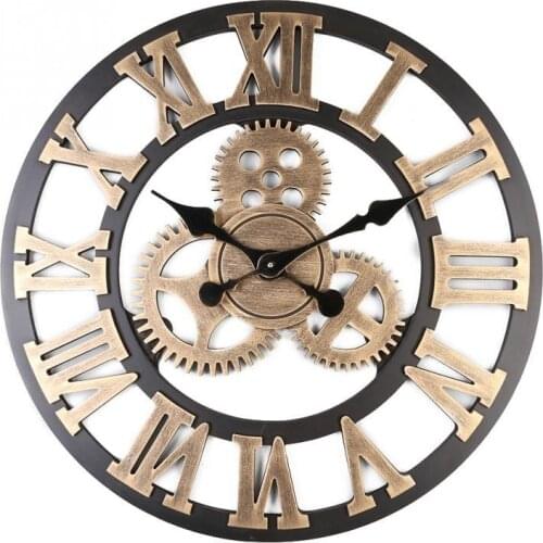 Large classic vintage wooden wall clock retro gear hanging clock Roman numeral horologe European style decor living room