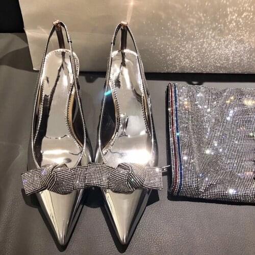 High heels silver rhinestone pointed toe womens shoes back space high-heeled womens shoes bow knot Baotou sandals women 35-42