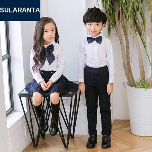 Children Cotton Japanese Korean Student School Uniforms Set Suit for Girls Boys White Shirts Navy Blue Skirt Pants Tie Clothes