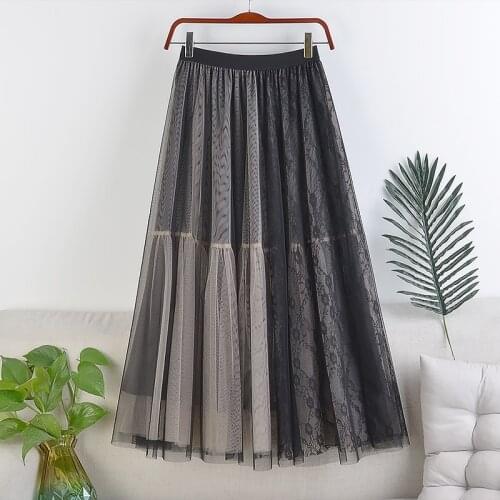 Elegant Patchwork Lace Skirt Women Vintage Panelled Striped High Waist Skirts Slim Pleated Party Skirts