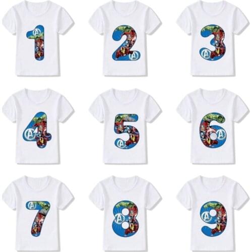 Avengers Marvel T Shirt Birthday Number 1-9 Printed Short Sleeve Superheroes Marvel Captain Iron Man Hulk Thor Kids T-Shirt