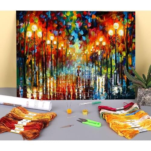 Oil Painting Style Rain Printed Canvas 11CT Cross-Stitch Embroidery Kit DMC Threads Handicraft Needlework Handmade Design