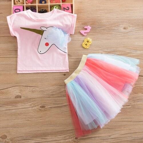 2020 Summer Girls Dress 2pcs Clothes Set Children Girls Unicorn T-shirt Tops+Rainbow Skirt Wedding Party Dress 3-8 Years