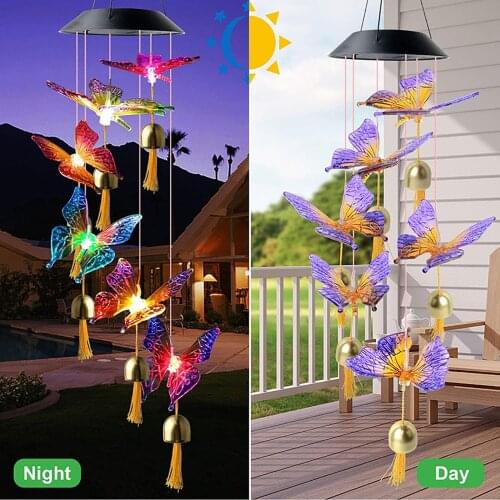 Color Changing Solar Power Wind Chime Crystal Ball Hummingbird Butterfly Waterproof Outdoor Windchime Light for Patio Yard Garde