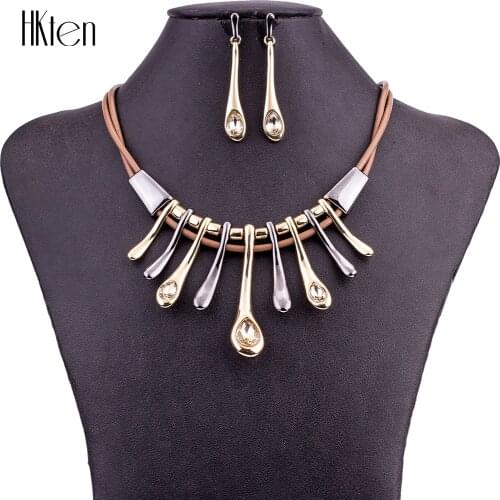 MS1504849 Fashion Alloy Jewelry Sets Womans Necklace Earring Sets Two-Tone Lead-free Nickel-free Leather Cord HKten