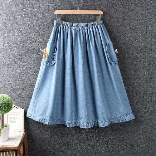 New Summer Women Ruffle Skirt Japan Style Mori Girl Fresh Elastic Waist Loose Denim Skirt Women