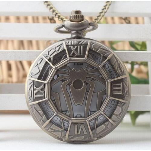 Wholesale 10pcs/lot bronze antiques spider Hollow out Flip clock pendant men and students gift Necklace pocket watches